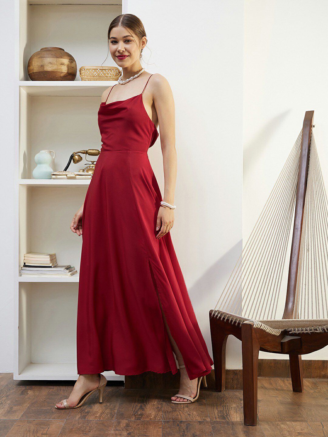 Berrylush Red Cowl Neck Shoulder Straps Lace Up Maxi Dress