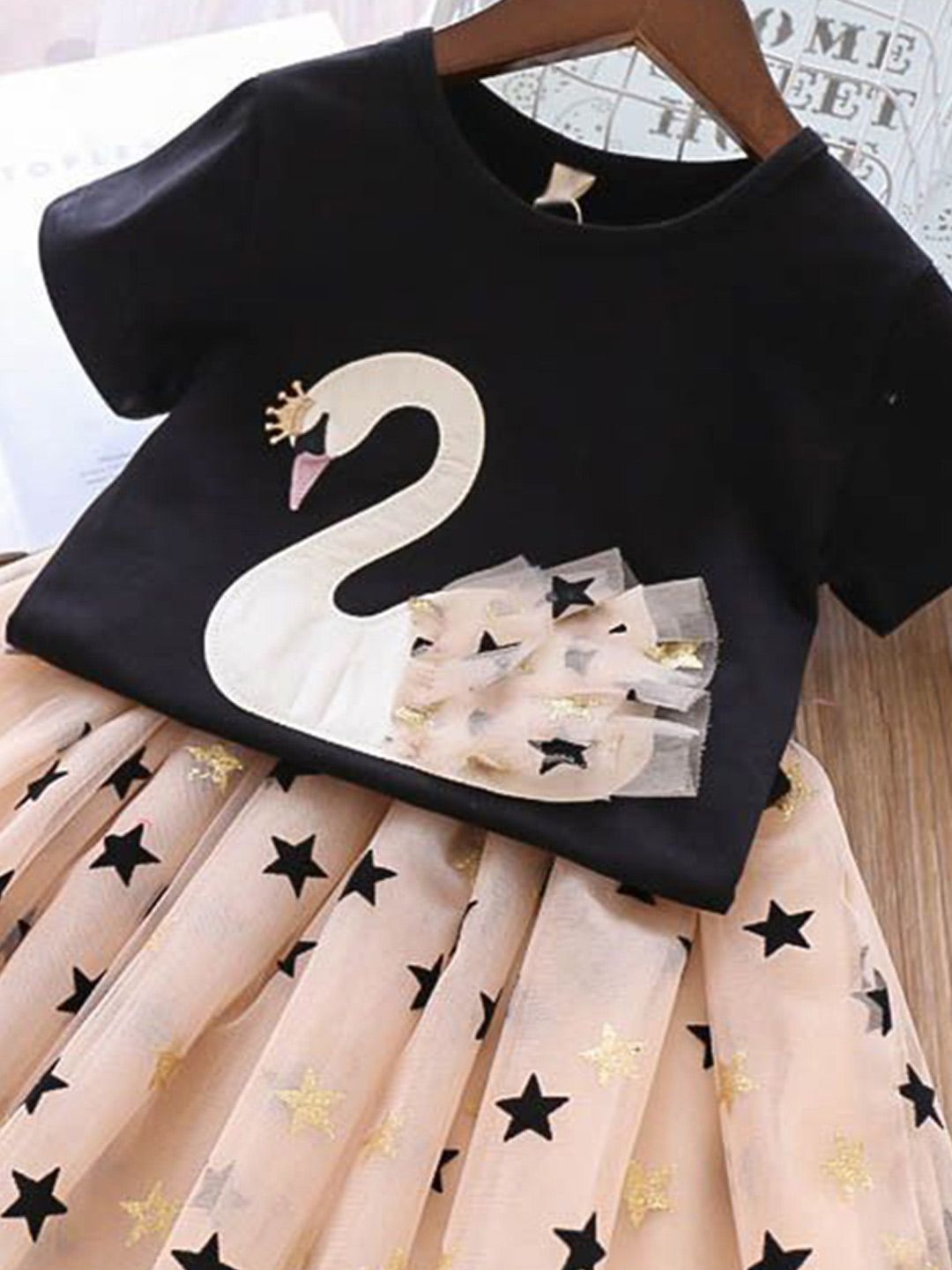 YK Girls Printed Round Neck Short Sleeves Pure Cotton Top With Skirt