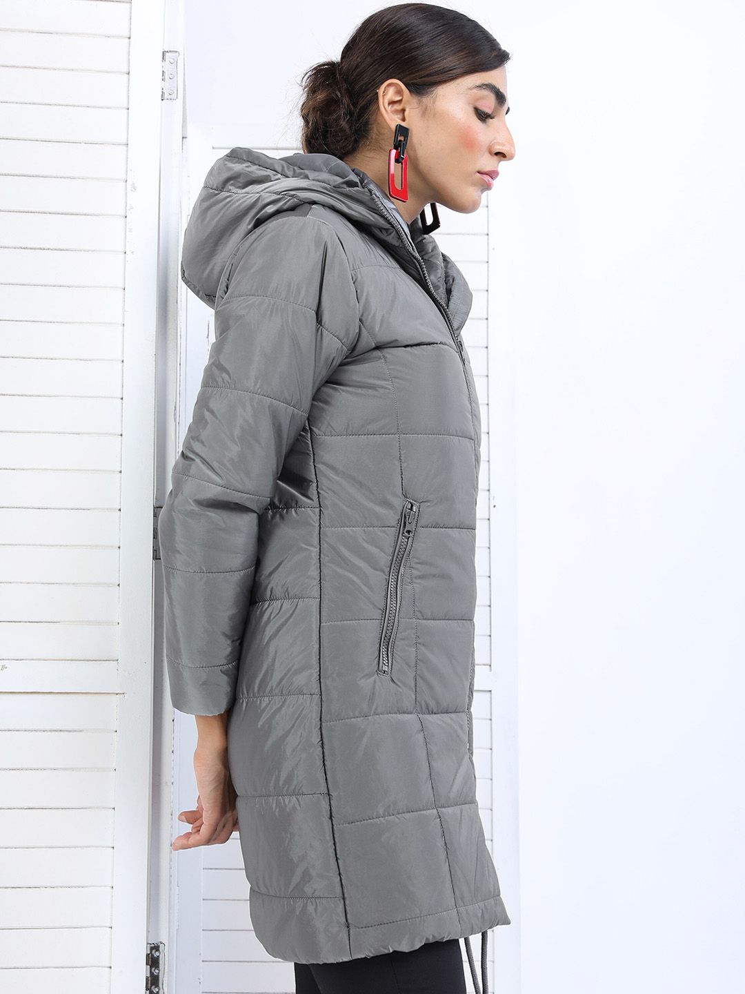 Tokyo Talkies Women Charcoal Solid Nylon Longline Hooded Padded Jacket
