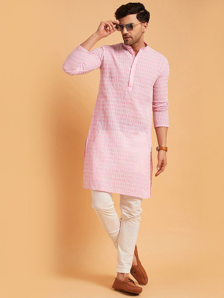 SOJANYA Mandarin Collar Ethnic Motifs Embroidered Thread Work Pure Cotton Kurta
