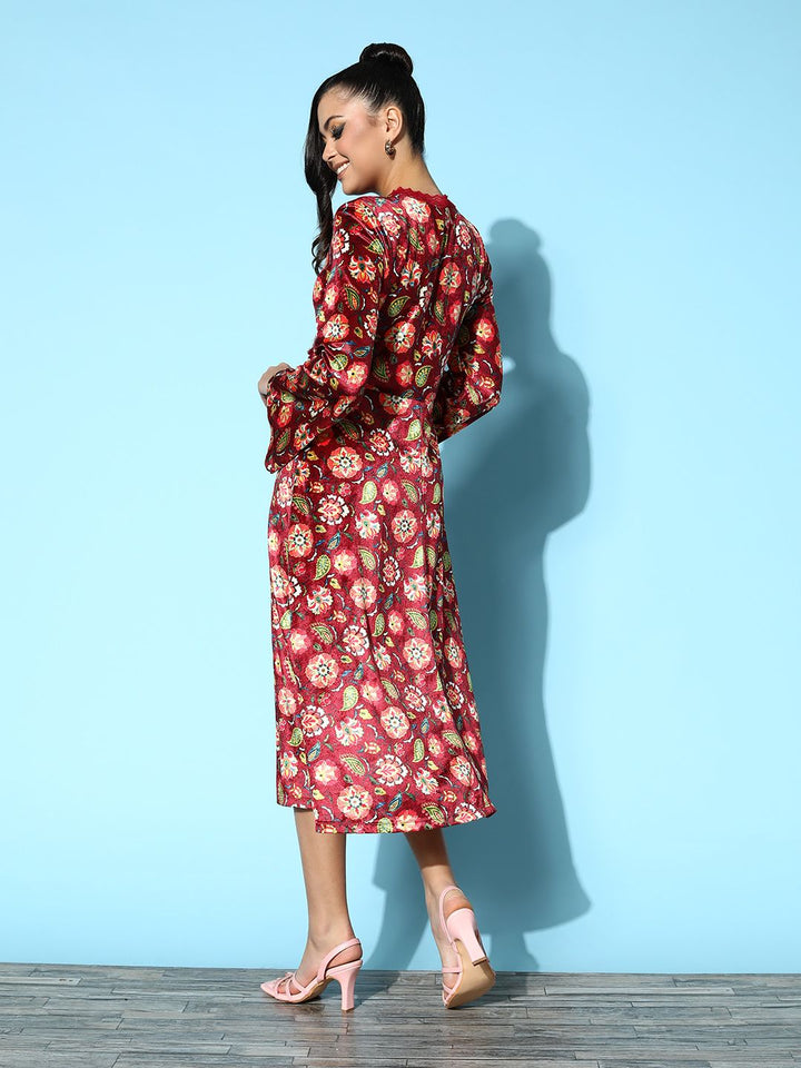 SASSAFRAS Women  Maroon Floral Fluid Tie-Up Dress