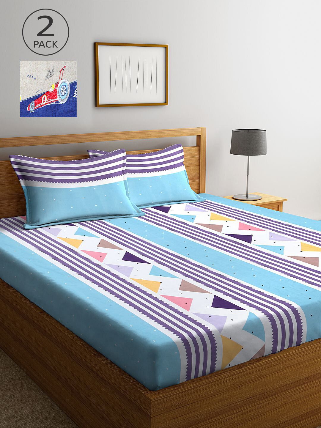 KLOTTHE Blue Geometric Polycotton 300 TC King Fine 2 Bedsheet with 4 Pillow Covers-98 x 89 inches