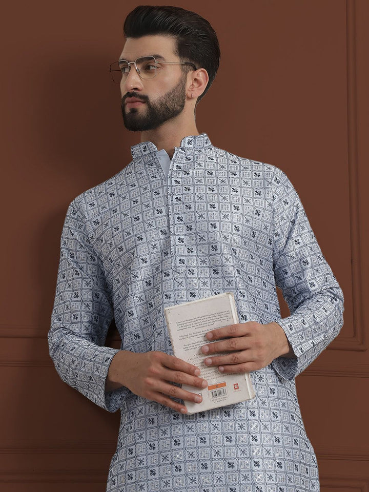 SOJANYA LUXE Ethnic Motifs Embroidered Mandarin Collar Straight Kurta With Pyjama