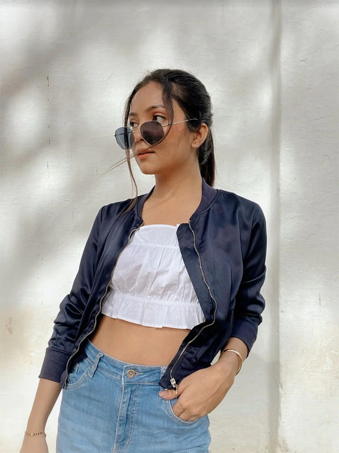 STREET 9 Women Blue Solid Satin Bomber Jacket