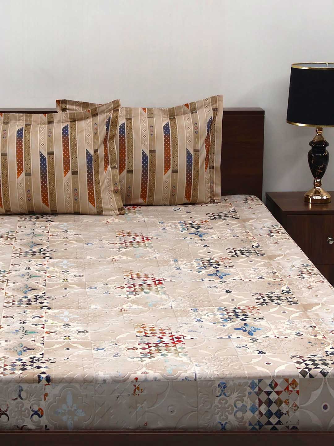 BOMBAY DYEING Fantasque Brown Floral Printed Cotton 180 TC King Bedsheet Set 2.74 x 2.74 m