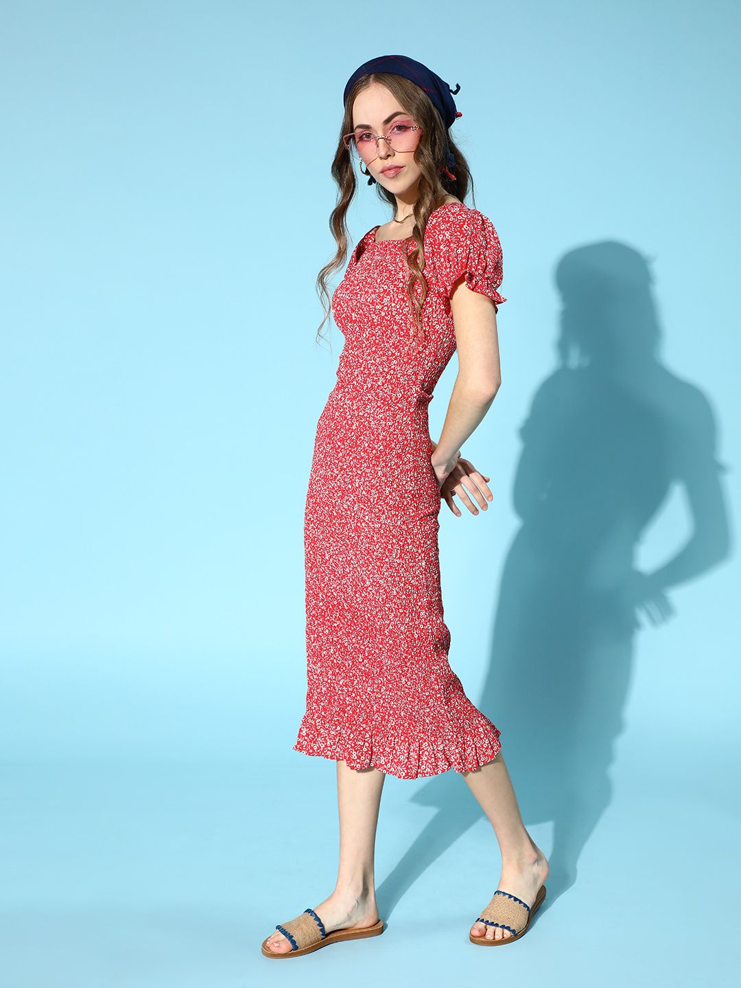 Berrylush Women Gorgeous Red Floral Smocked Dress