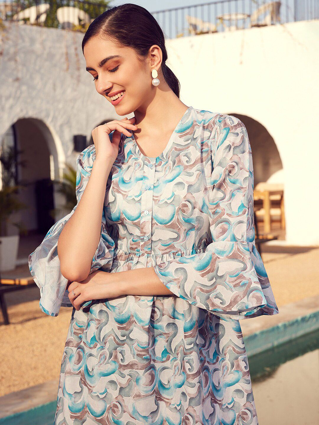 STREET 9 Abstract Printed V-Neck Bell Sleeves Fit & Flared Linen Dress