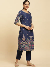 W Ethnic Motifs Printed Round Neck Pure Cotton Straight Kurta