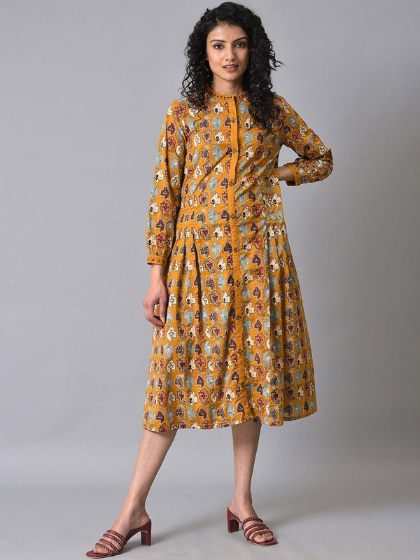 W Mandarin Collar Geometric Printed A-Line Cotton Dress