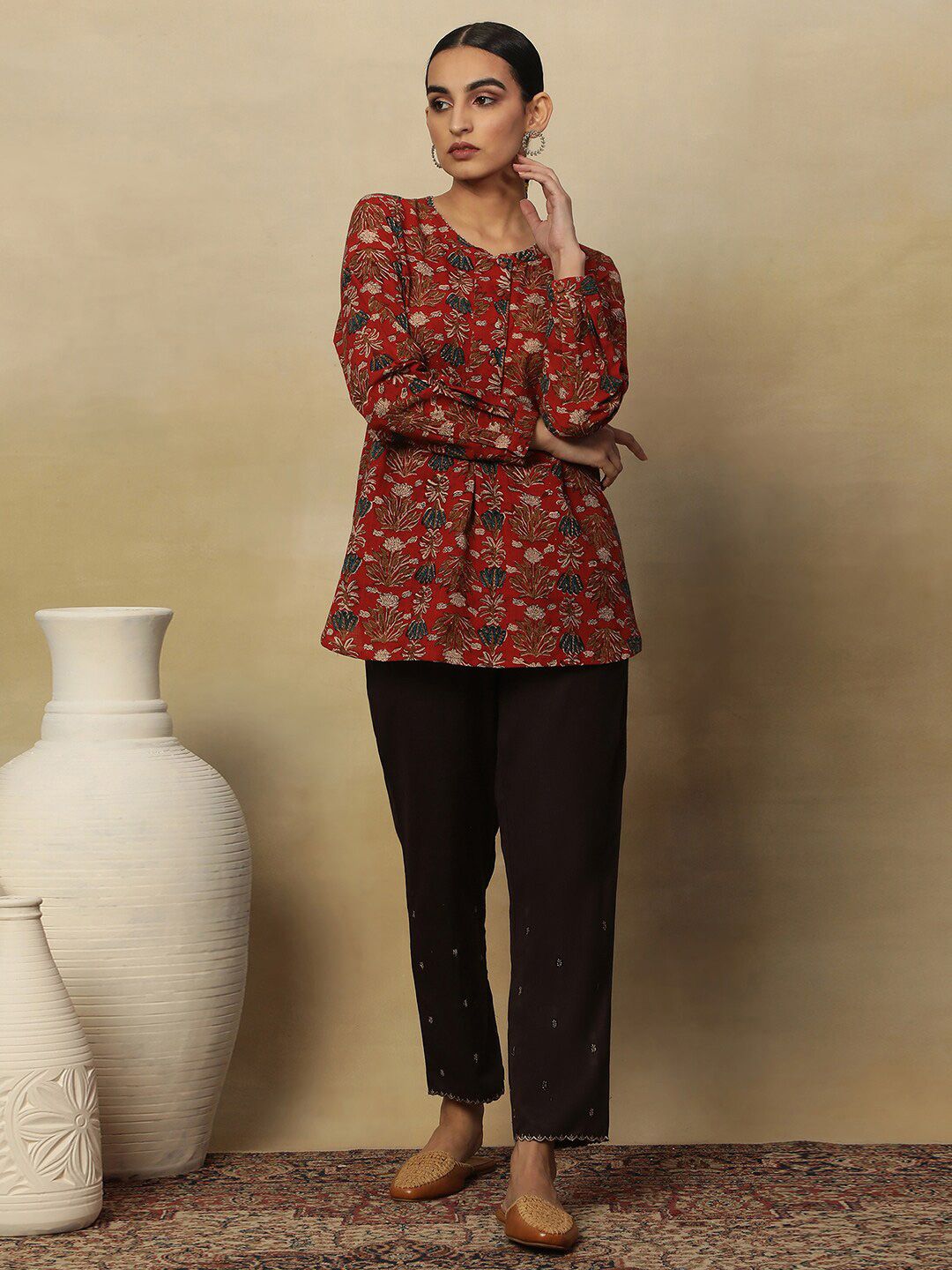 W Red Floral Printed Pure Cotton Straight Kurti