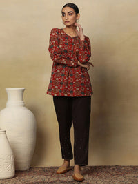 W Red Floral Printed Pure Cotton Straight Kurti