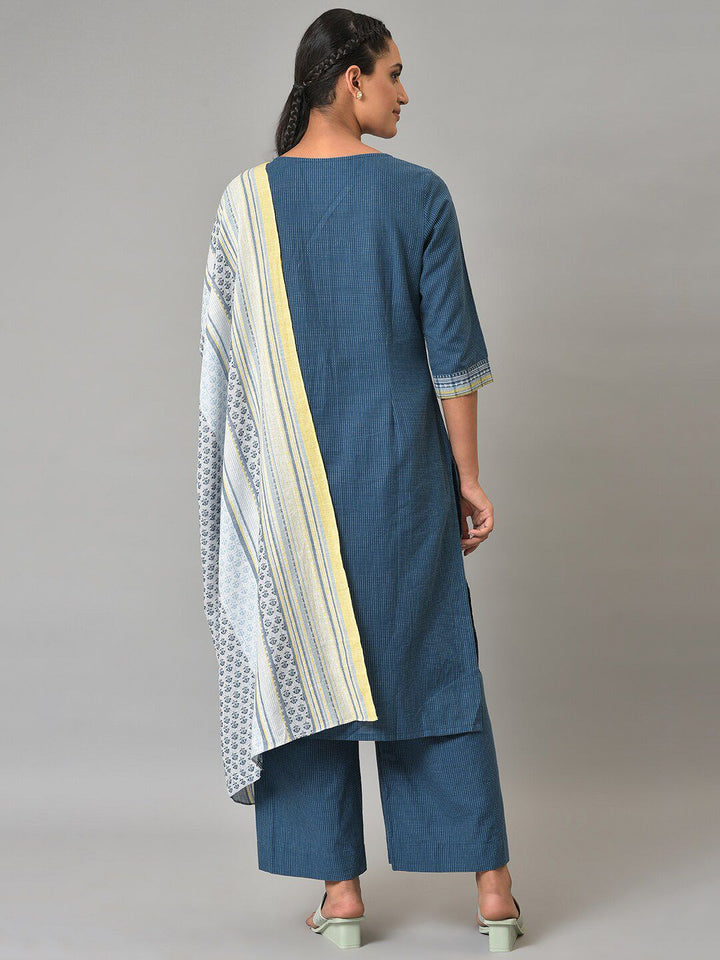 Aurelia Women Navy Geometric Print Cotton Kurta Set with Palazzos & Dupatta