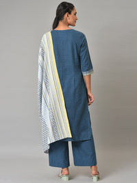 Aurelia Women Navy Geometric Print Cotton Kurta Set with Palazzos & Dupatta