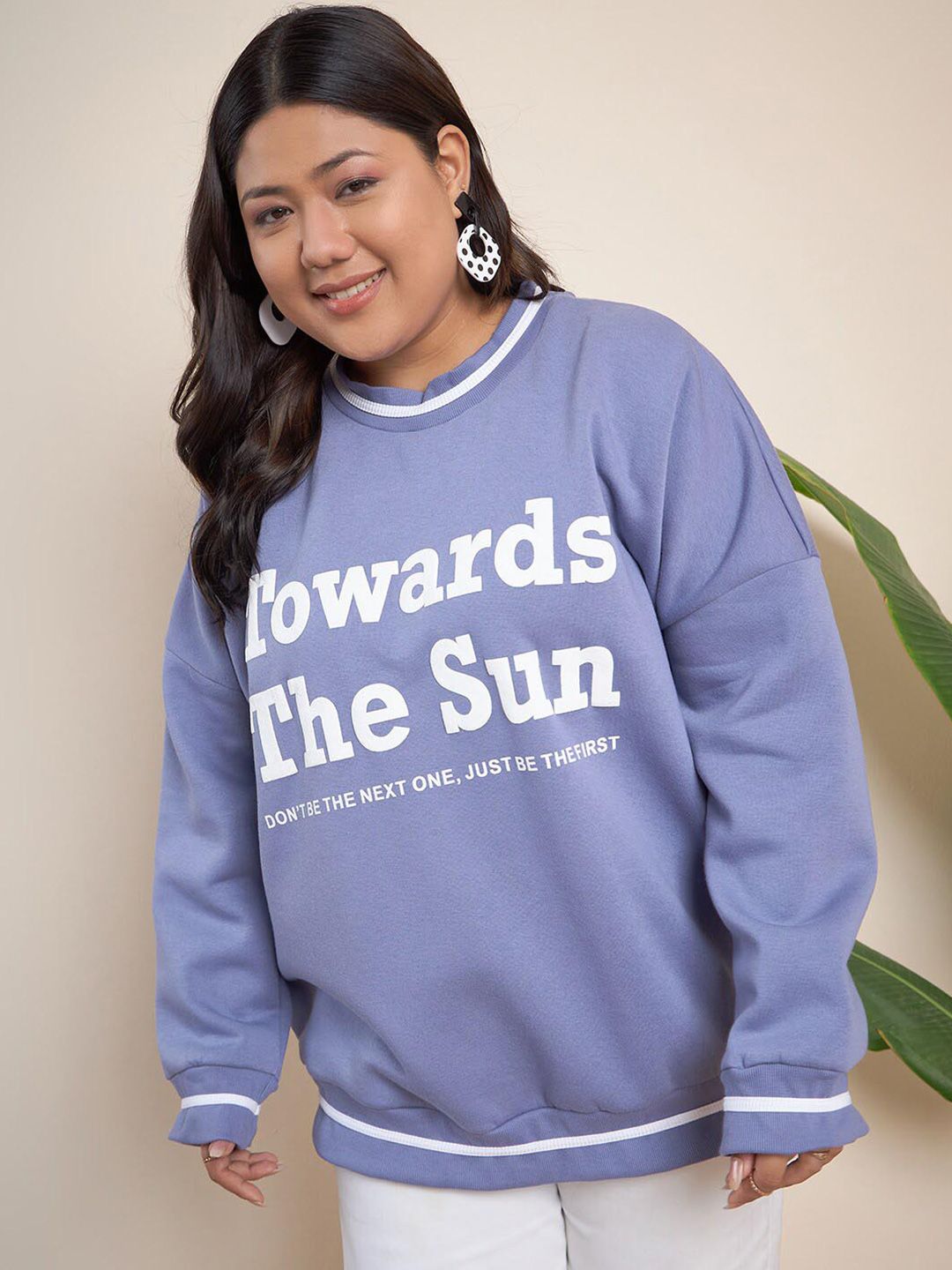 CURVY STREET Plus Size Typography Printed Pure Cotton Pullover
