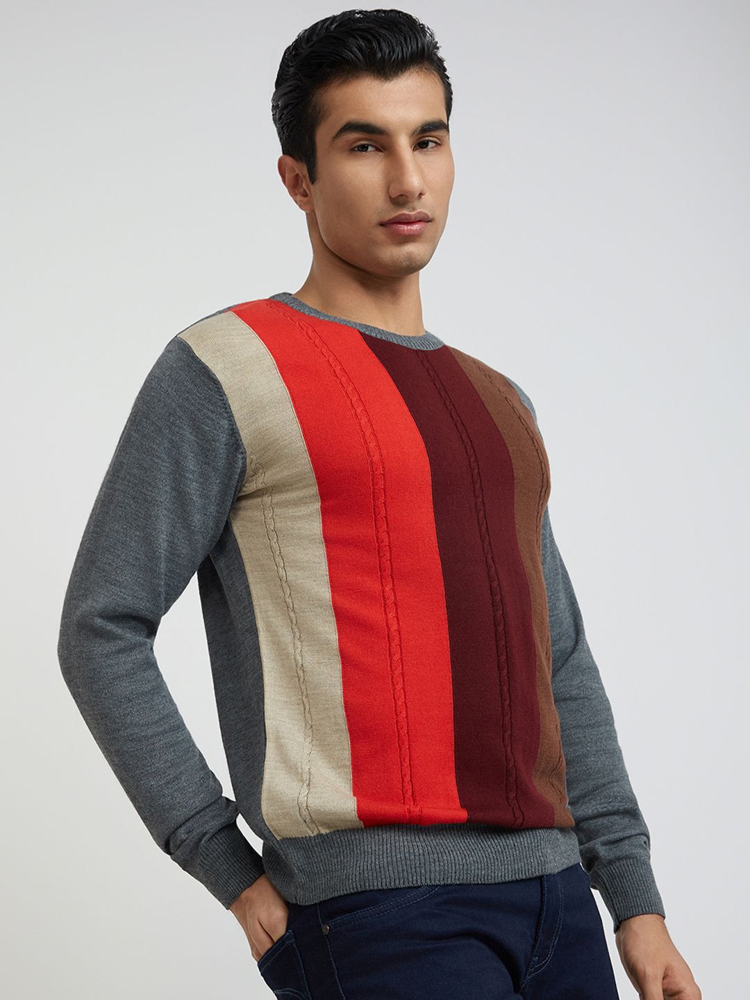Raymond Men Maroon & Brown Striped Pullover