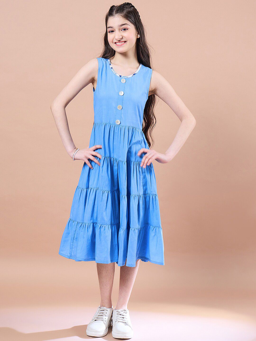 pspeaches Girls Floral Print Round Neck Sleeveless Tiered Midi Fit & Flared Cotton Dress