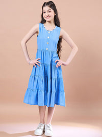 pspeaches Girls Floral Print Round Neck Sleeveless Tiered Midi Fit & Flared Cotton Dress