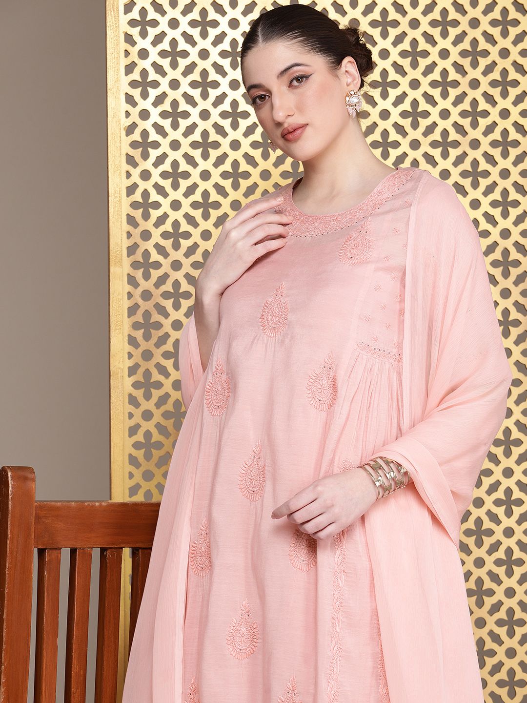 House of Pataudi Floral Chikankari Embroidered flared Jashn Kurta with Palazzo & Dupatta
