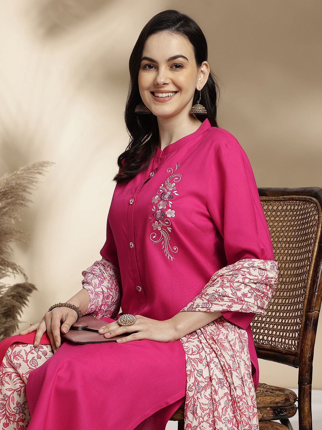 Anouk Floral Embroidered Regular Pure Cotton Kurta with Trousers & With Dupatta