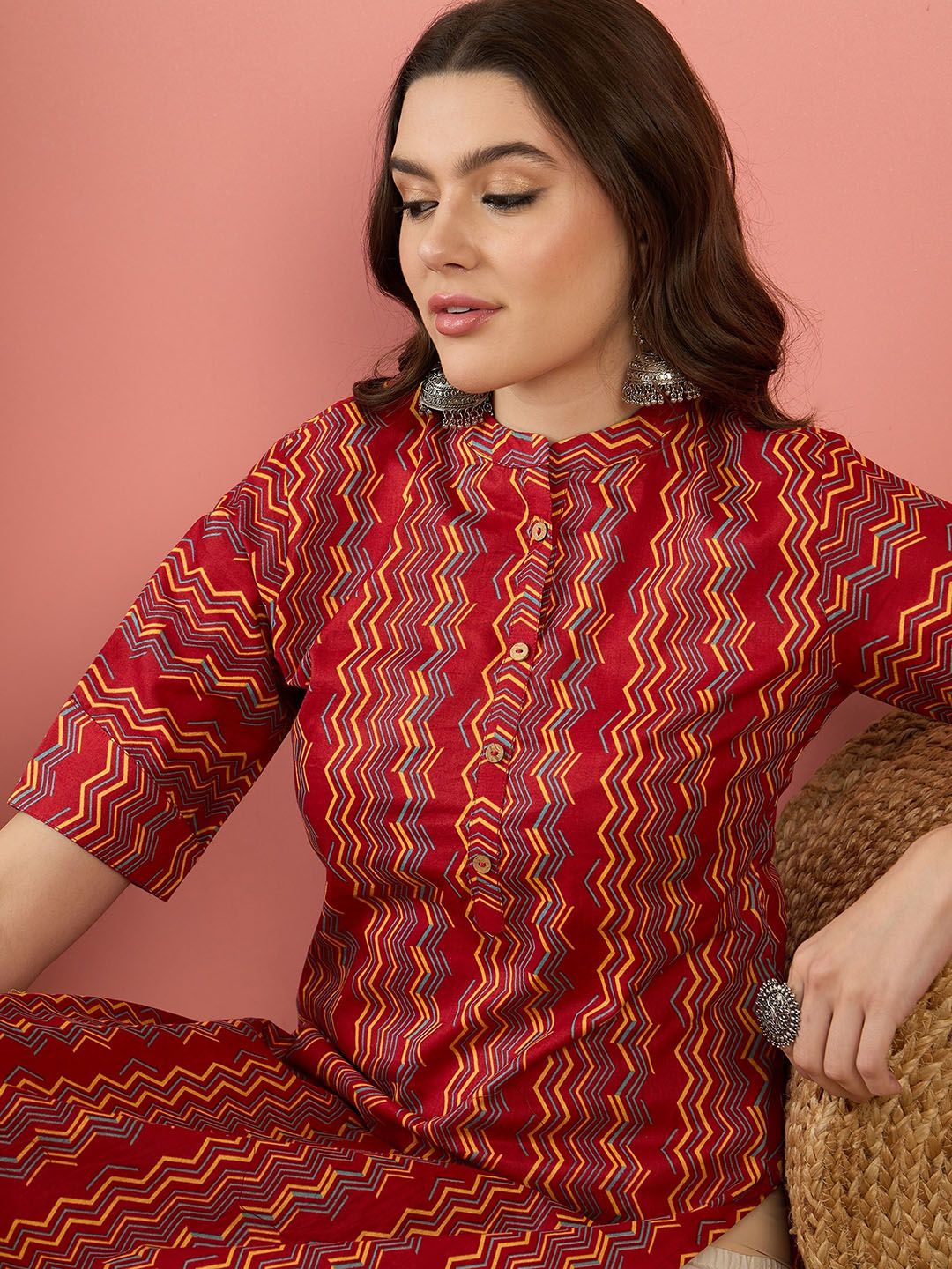 Anouk Red Chevron Printed Mandarin Collar Short Sleeves Cotton Kurta