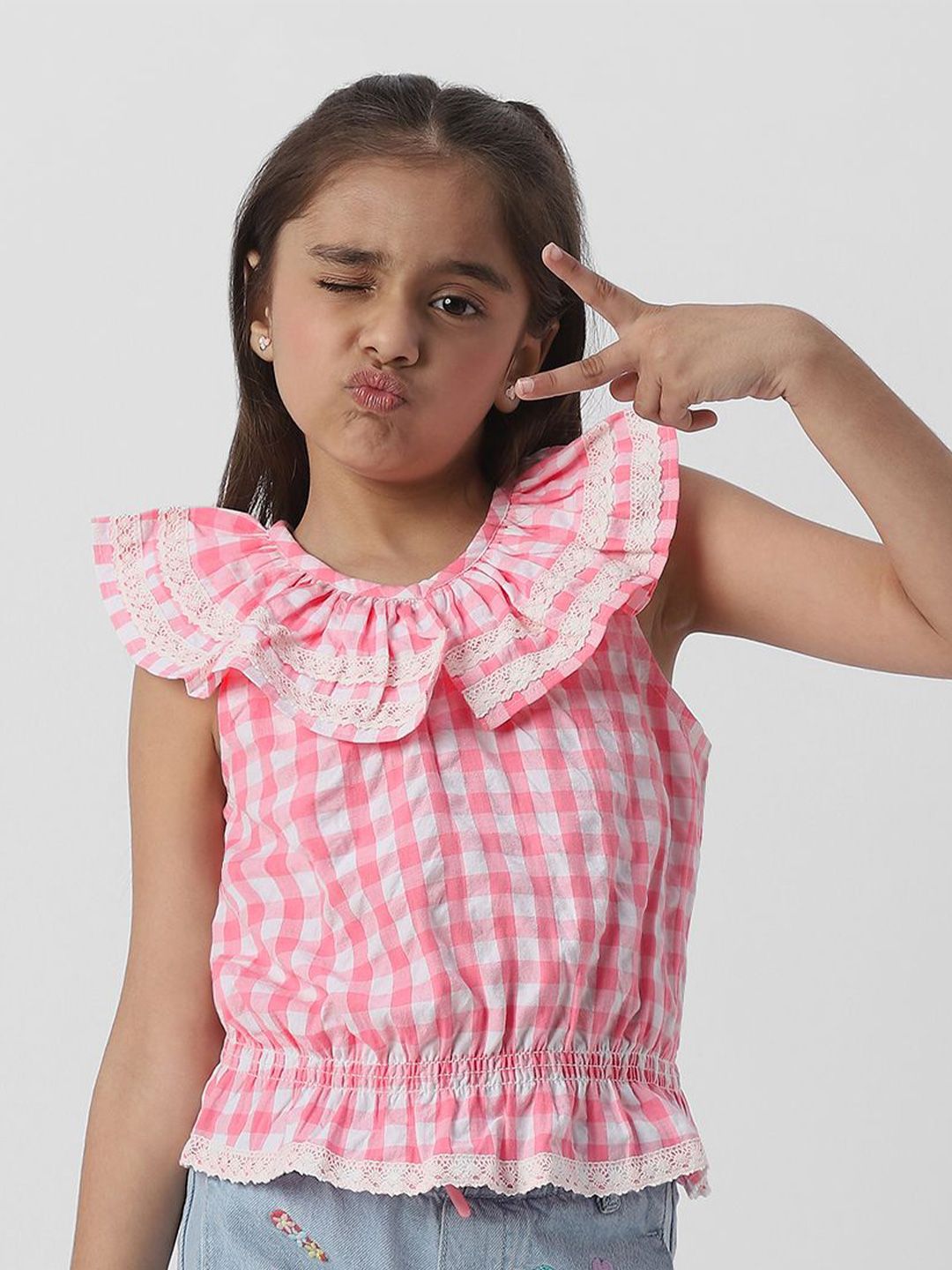 Nauti Nati Girls Gingham Checked Peter Pan Collar Sleeveless Cotton Cinched Waist Top