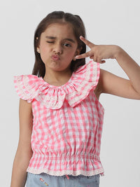 Nauti Nati Girls Gingham Checked Peter Pan Collar Sleeveless Cotton Cinched Waist Top