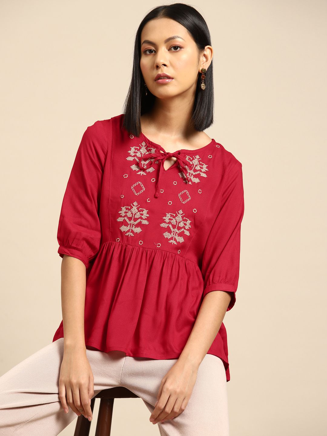 all about you Embroidered Tie-Up Neck Top