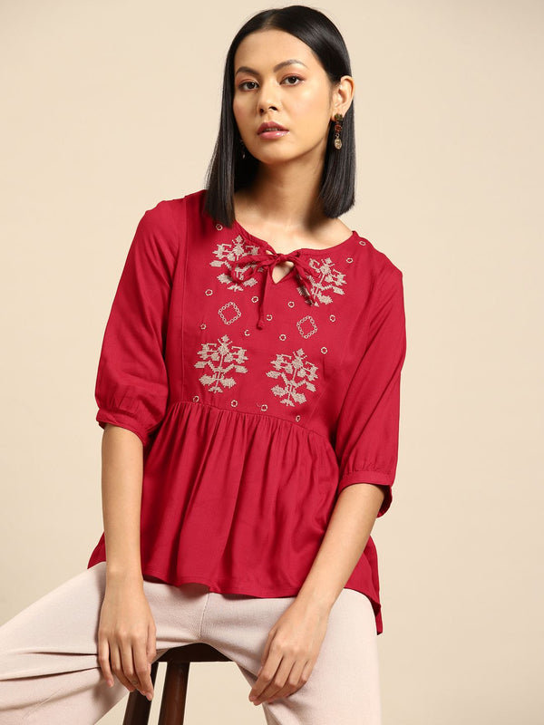 all about you Embroidered Tie-Up Neck Top