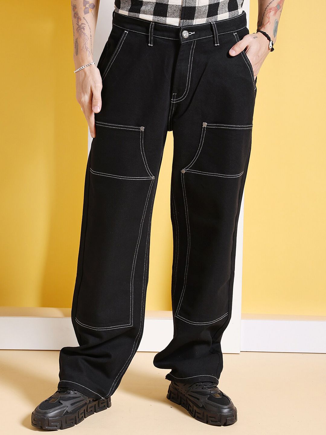 The Indian Garage Co Men Pure Cotton Heavy Fade Mid Rise Baggy Relaxed Fit Jeans