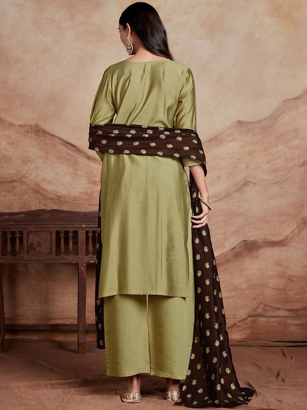 KALINI Ethnic Motifs Yoke Design Chanderi Silk Straight Kurta With Palazzos & Dupatta