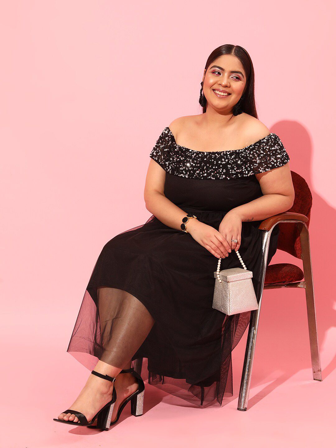 CURVY STREET Black Plus Size Off-Shoulder Net Maxi Dress