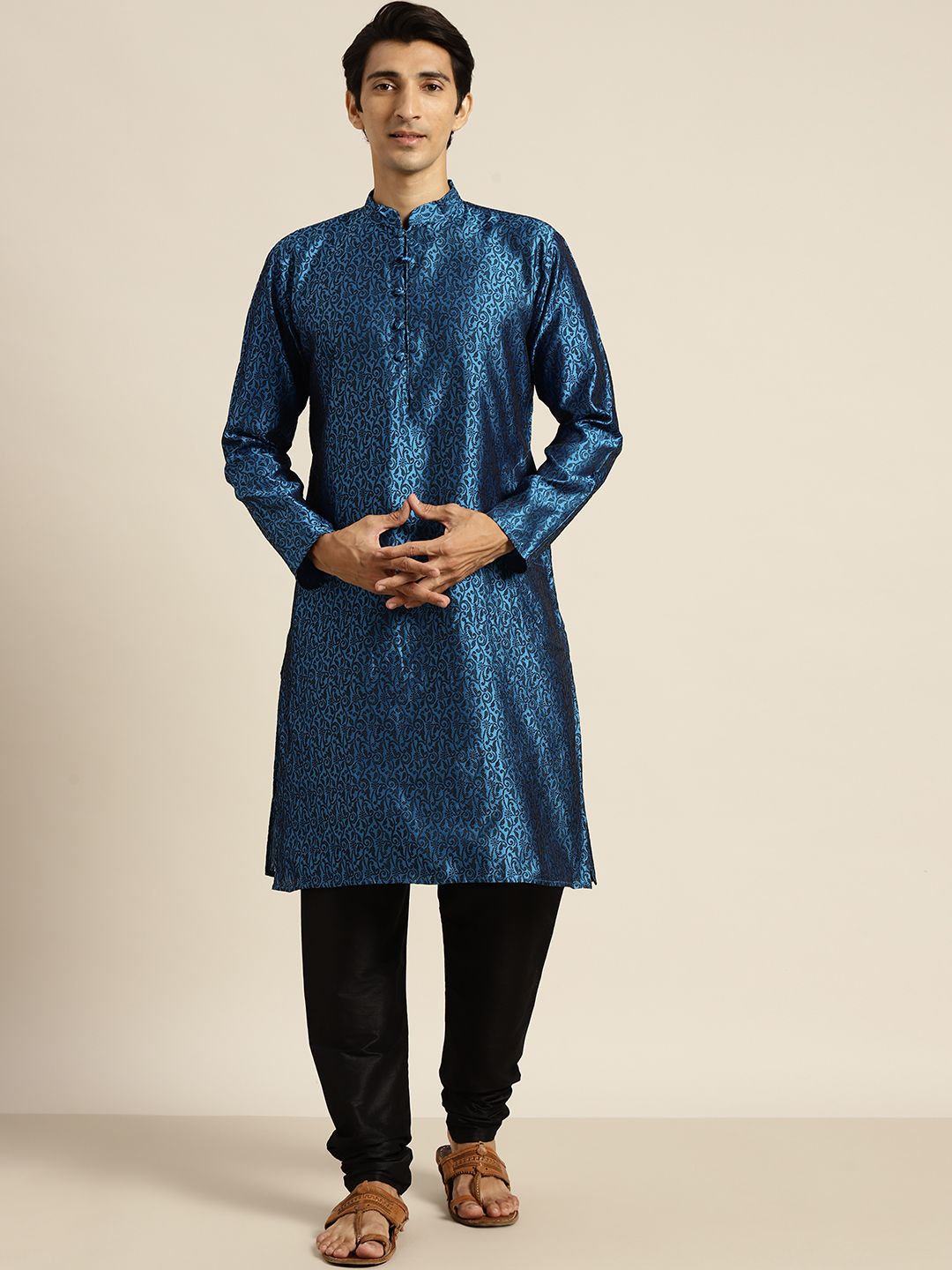 SOJANYA Kurta Tenunan Lelaki Biru & Hitam