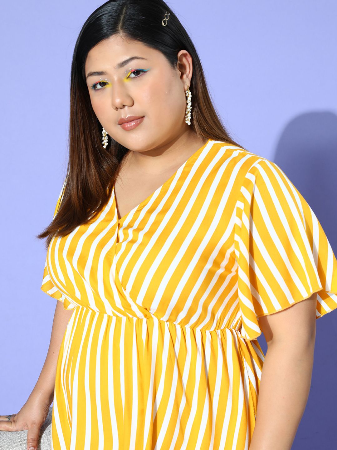 Berrylush Curve Striped Flutter Sleeve A-Line Dress