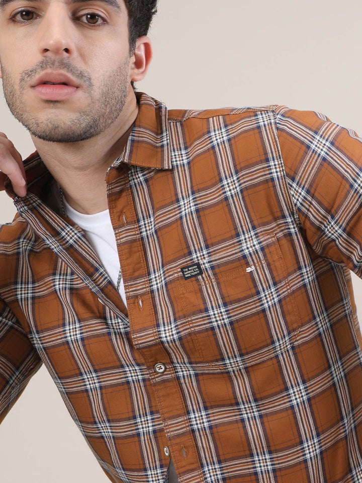 The Indian Garage Co Men Rust Orange & White Slim Fit Checked Casual Shirt