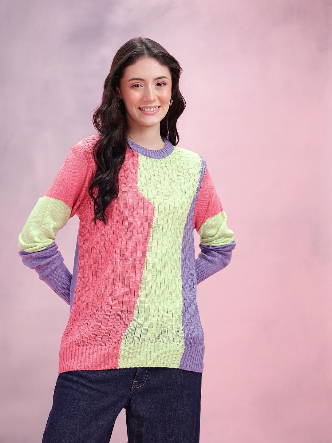 DressBerry Women Self Design Colourblocked Acrylic Pullover