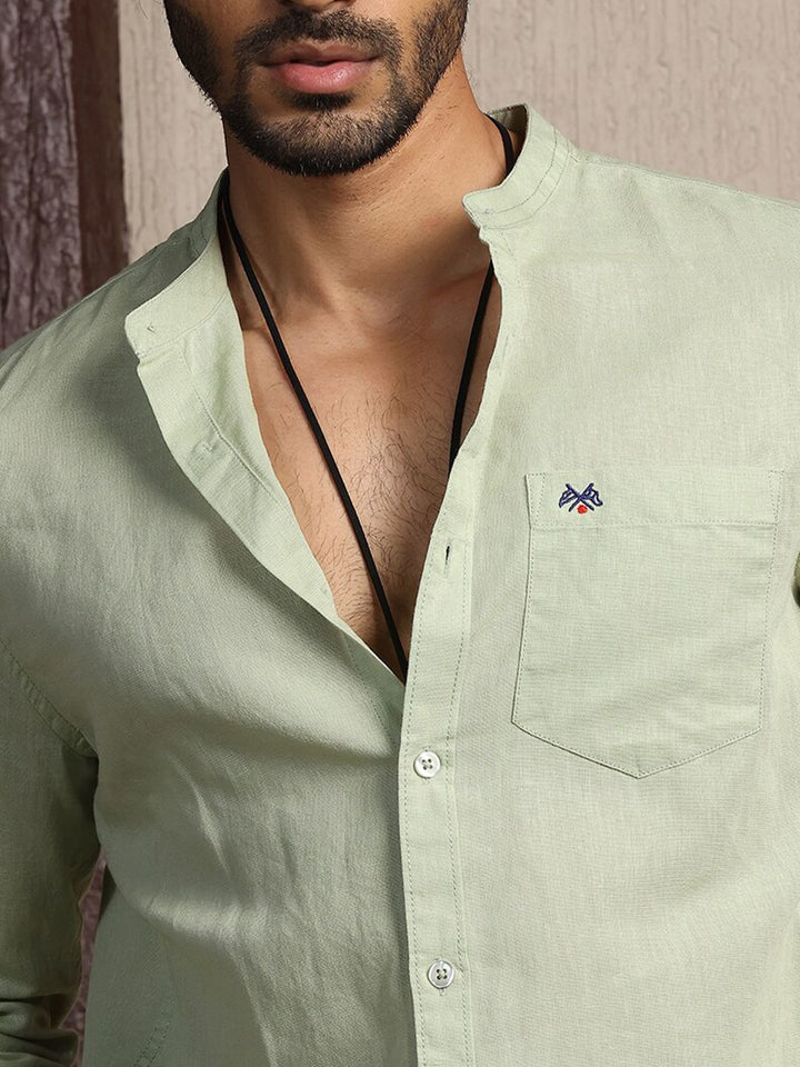 Thomas Scott Premium Cotton Linen Mandarin Collar Slim Fit Opaque Casual Shirt
