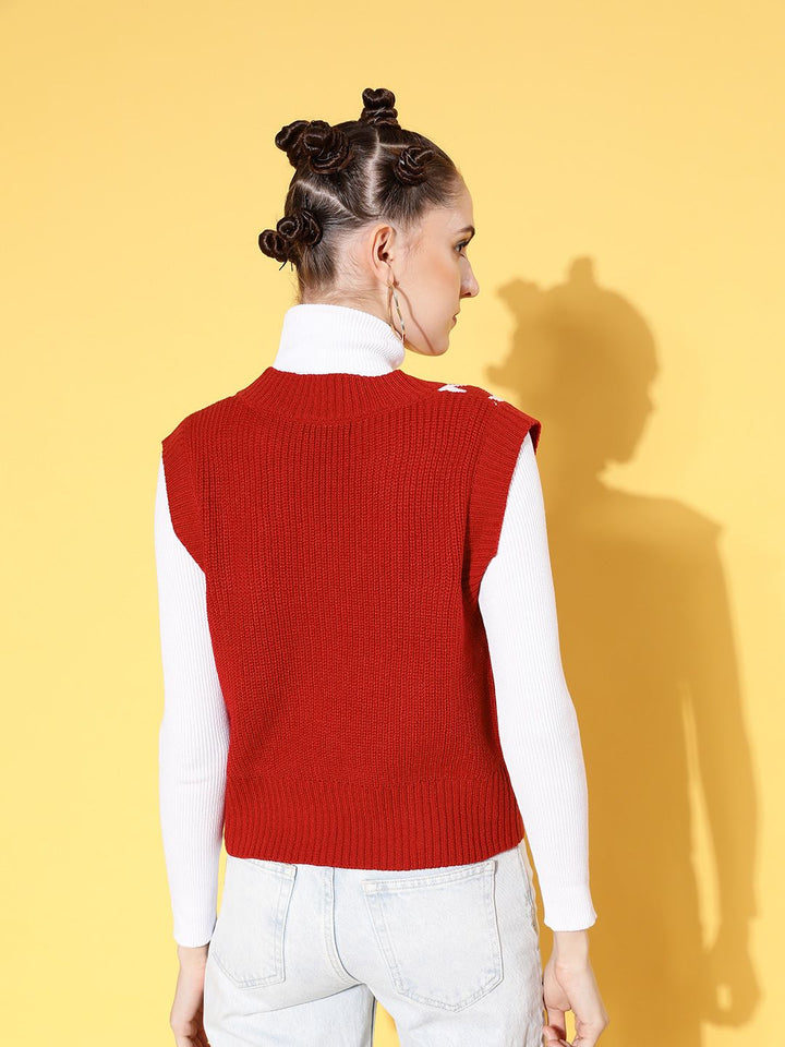 SASSAFRAS Women Red & White Houndstooth Design Sweater Vest