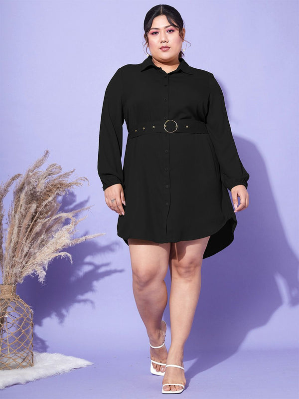 SASSAFRAS Curve Women Plus Size Black Belted Shirt Dress
