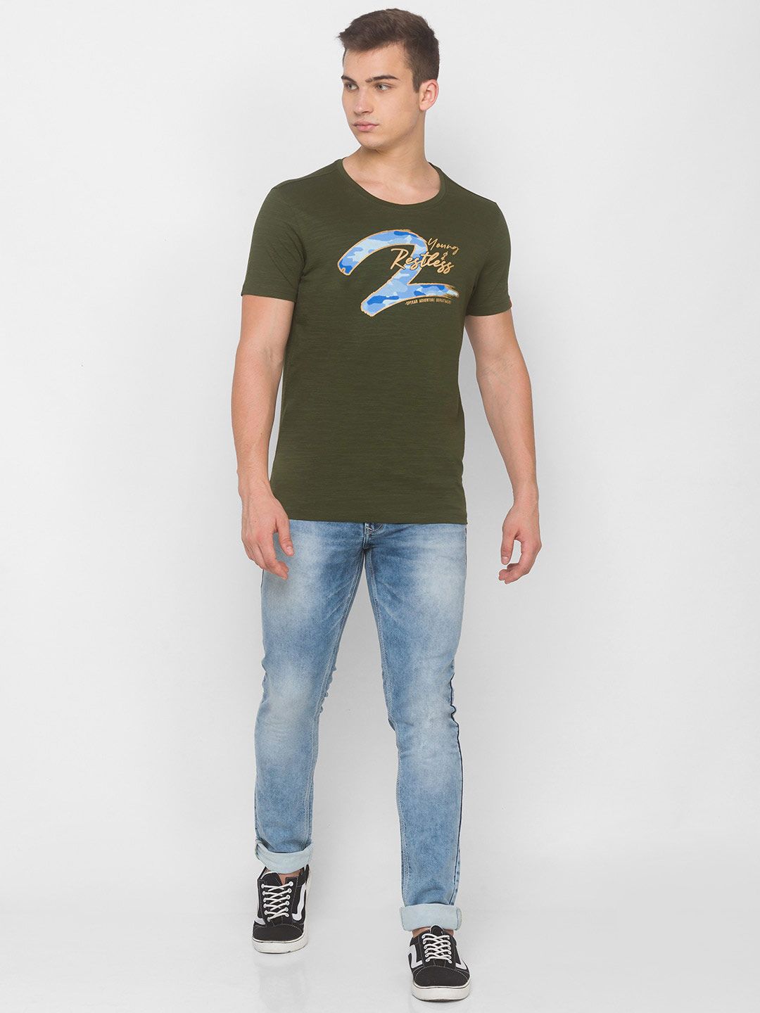SPYKAR Men Green & Blue Printed Slim Fit Round Neck T-shirt