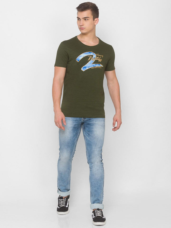 SPYKAR Men Green & Blue Printed Slim Fit Round Neck T-shirt