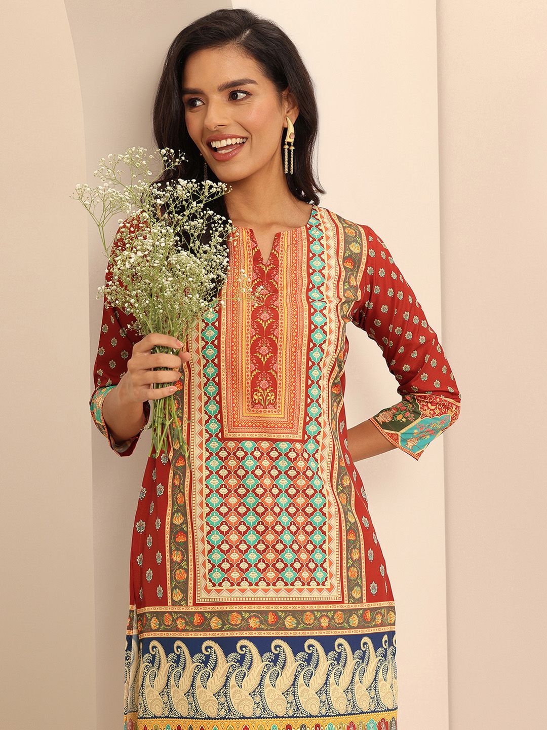 Libas Ethnic Motifs Printed Notched Neck Straight Kurta With Palazzos