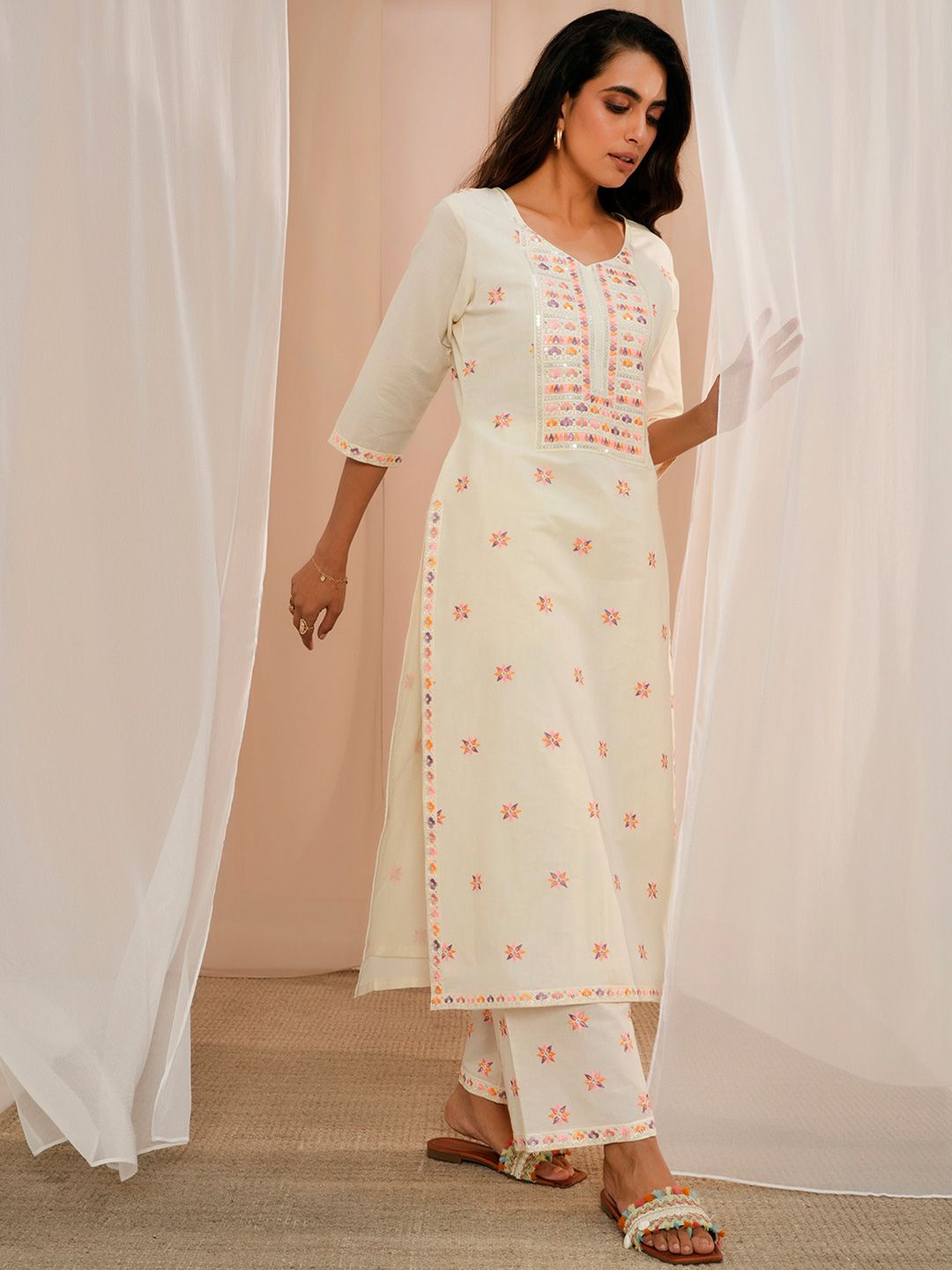 Libas Floral Embroidered Thread Work Pure Cotton Kurta With Palazzos & Dupatta