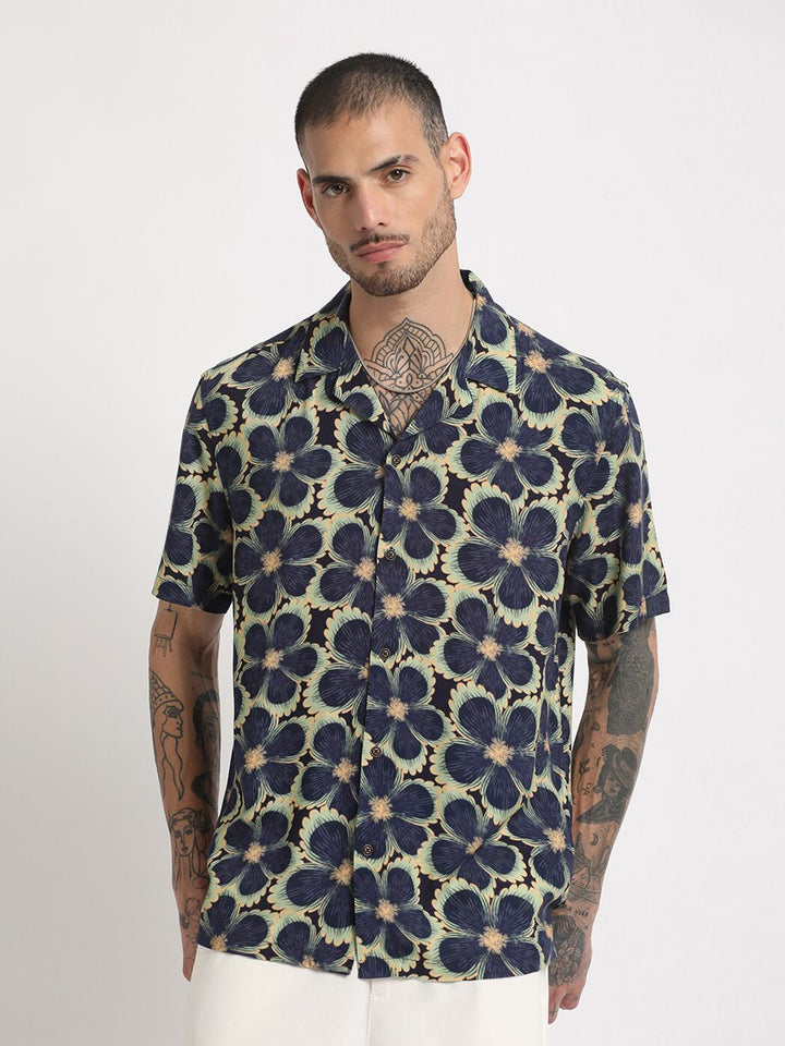 THE BEAR HOUSE Regular Fit Floral Printed Cuban Collar Casual Shirt
