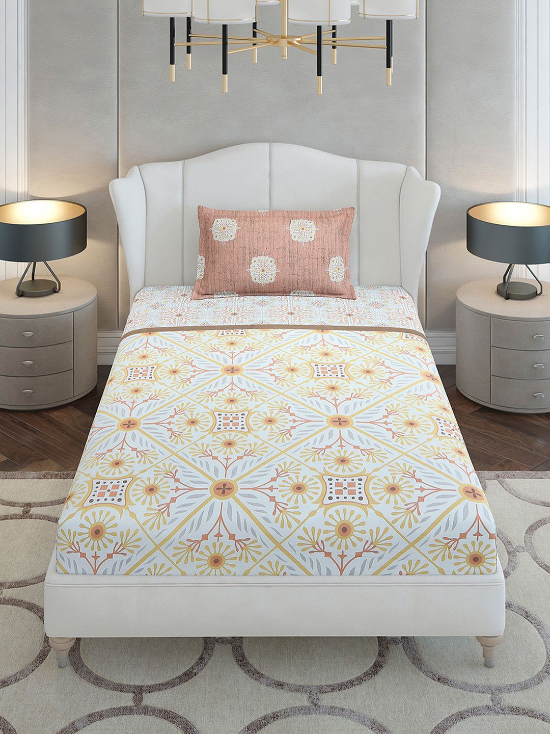 Monte Carlo Beige & Yellow Ethnic Motifs Cotton 144 TC Single Bedsheet Set-2.29 m x 1.52 m