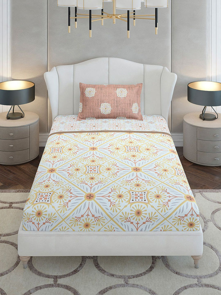 Monte Carlo Beige & Yellow Ethnic Motifs Cotton 144 TC Single Bedsheet Set-2.29 m x 1.52 m