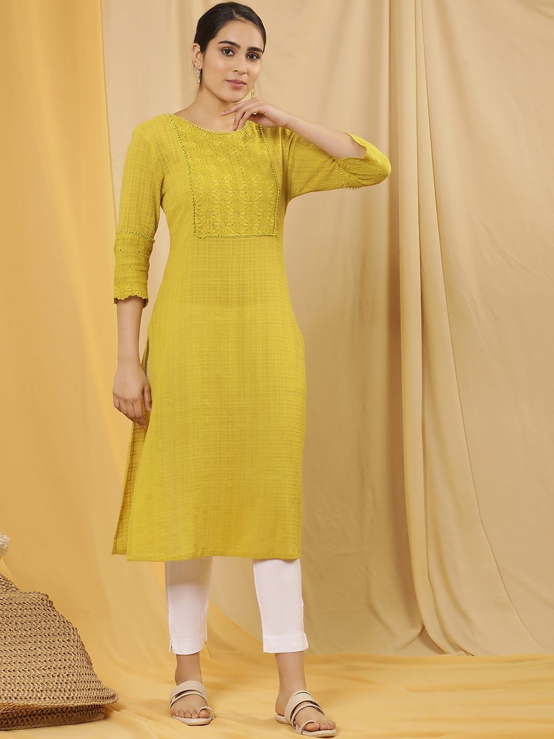 W Yellow Floral Yoke Design Thread Work Pure Cotton Straight Kurta