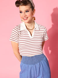 SASSAFRAS Women Gorgeous Red Striped New Neckline Tshirt