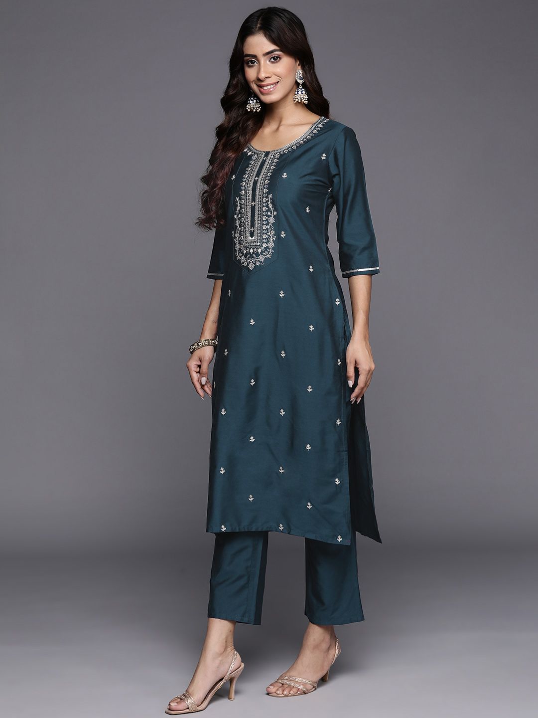 Gerua By Libas Women Blue Floral Embroidered Regular Sequinned Kurta with Trousers  With Dupatta