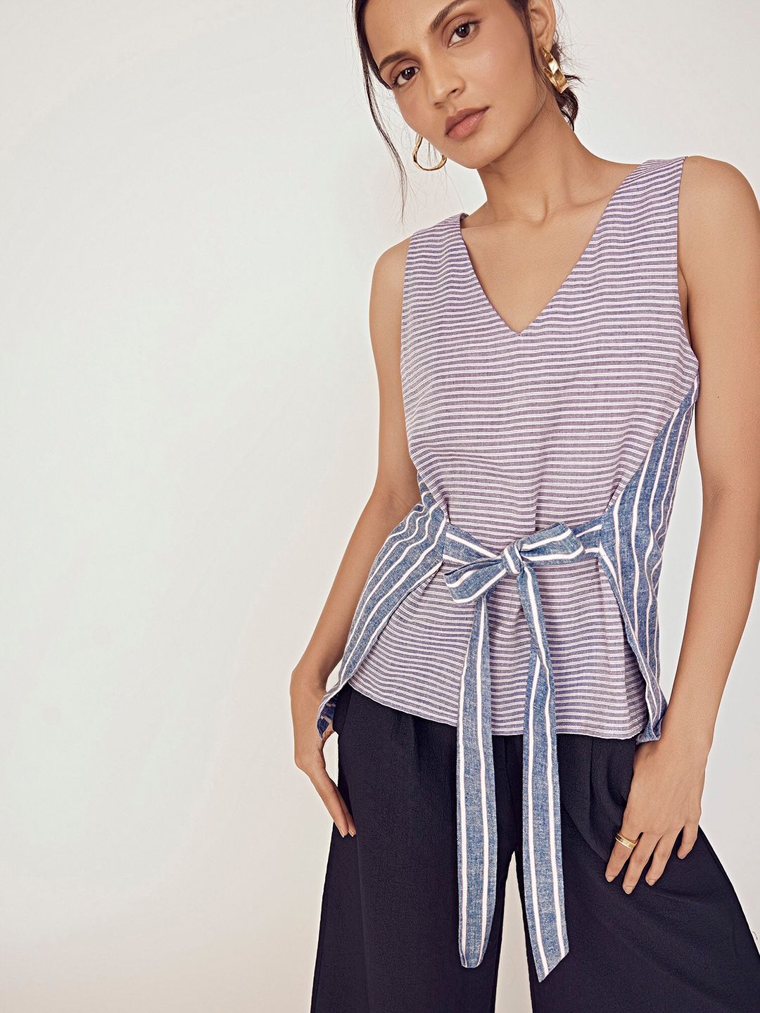 The Label Life Horizontal Striped V-Neck Sleeveless Tie-Ups Detail Cotton A-Line Top