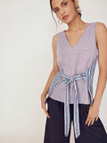The Label Life Horizontal Striped V-Neck Sleeveless Tie-Ups Detail Cotton A-Line Top